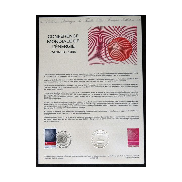 Documents philatéliques : Collection historique du timbre poste français "Conférence mondiale de l'energie Cannes 1986"