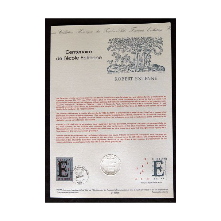 Documents philatéliques : Collection historique du timbre poste français "Centenaire de l'école Estienne"