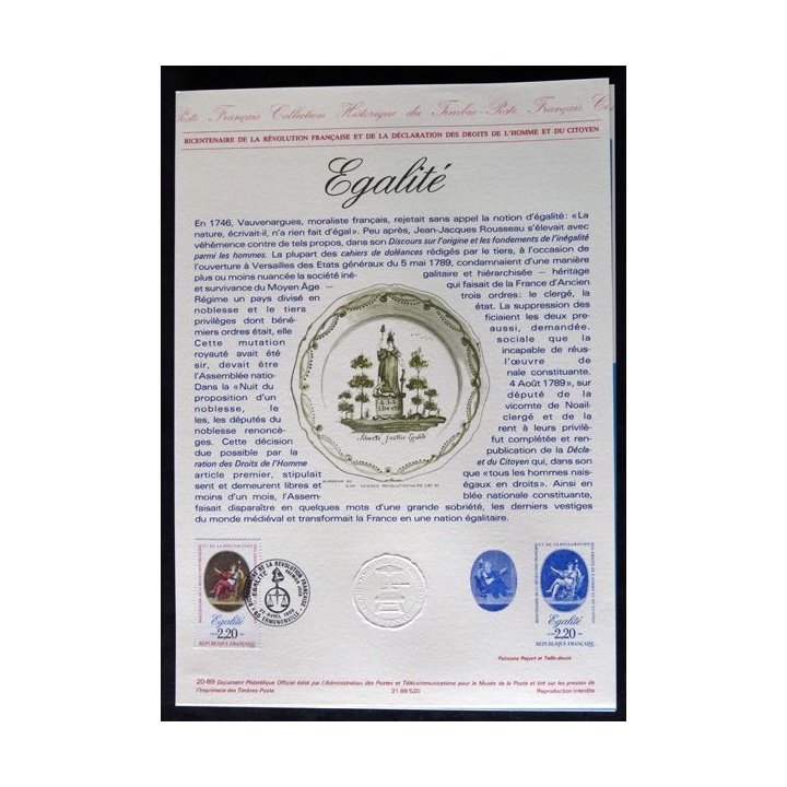 Documents philatéliques : Collection historique du timbre poste français "Egalité"