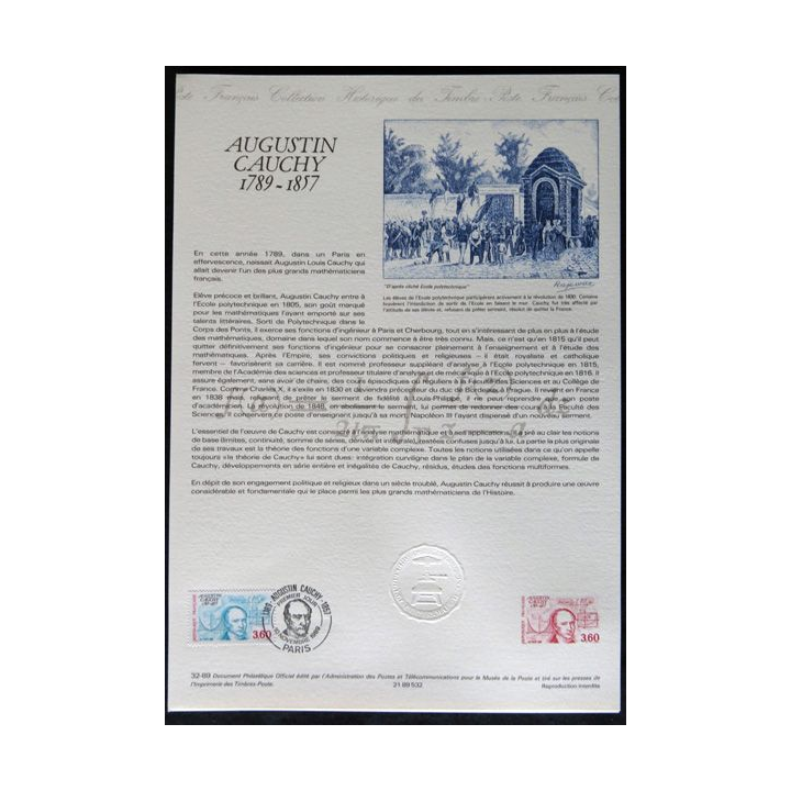 Documents philatéliques : Collection historique du timbre poste français "Augustin Cauchy 1789-1857"