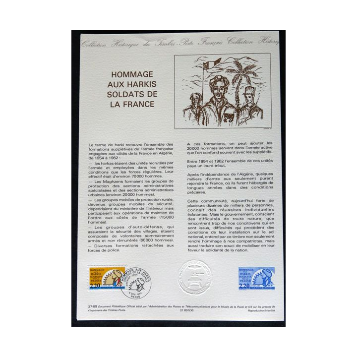 Documents philatéliques : Collection historique du timbre poste français "Hommage aux Harkis soldats de France"