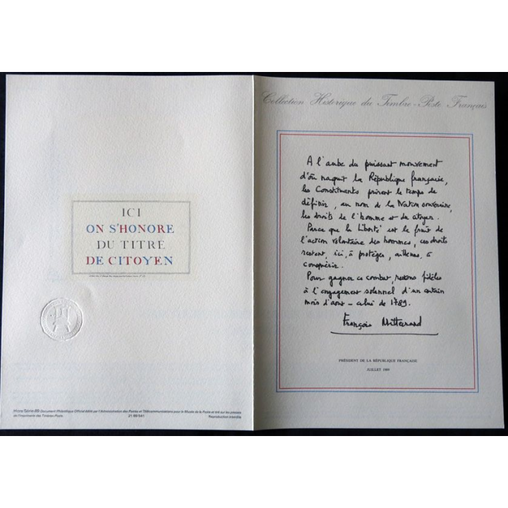 Documents philatéliques : Collection historique du timbre poste français "PhilexFrance 89 Paris"
