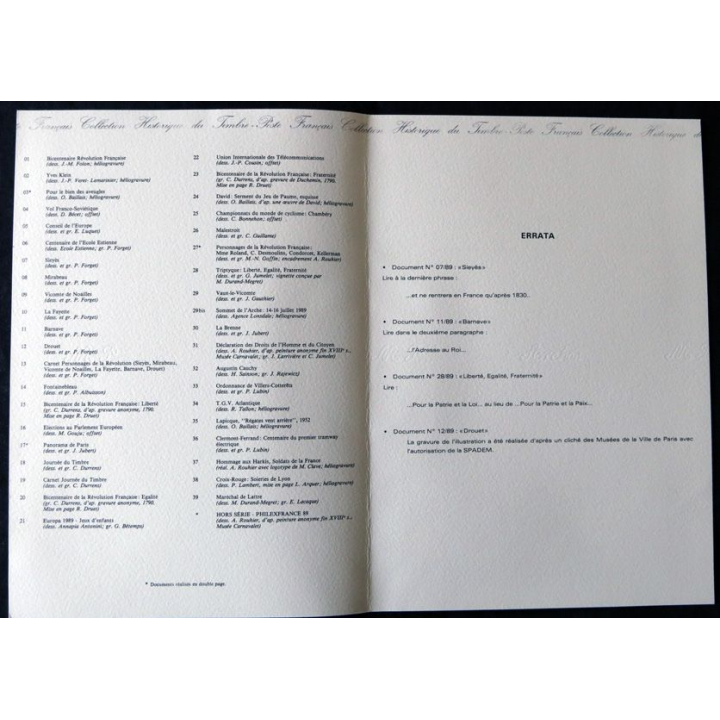 Documents philatéliques : Sommaire des documents philatéliques officiels parus en 1989
