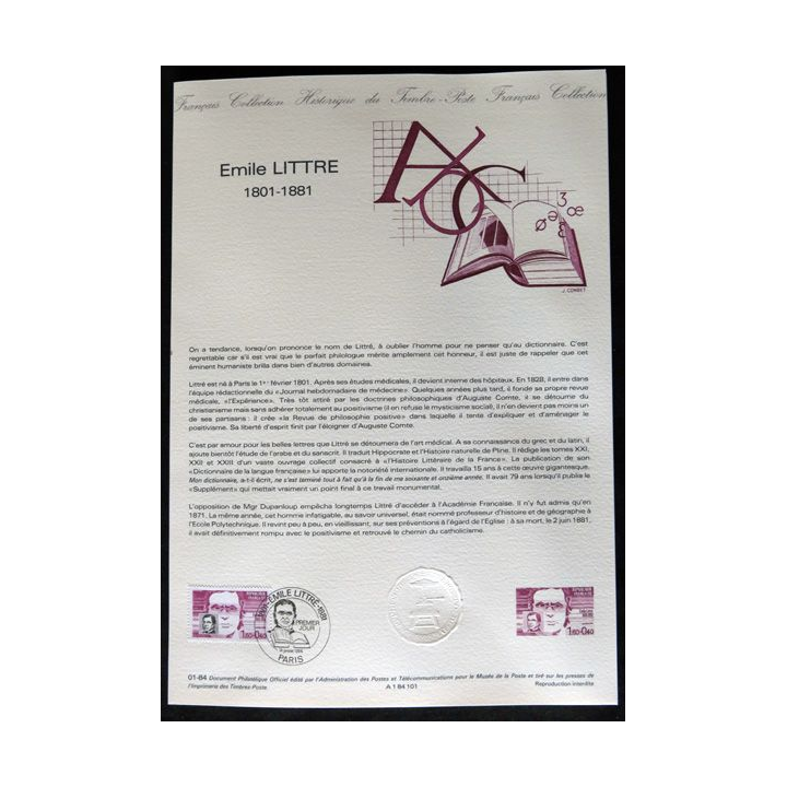 Documents philatéliques : Collection historique du timbre poste français "Emile Littre 1801 - 1881"