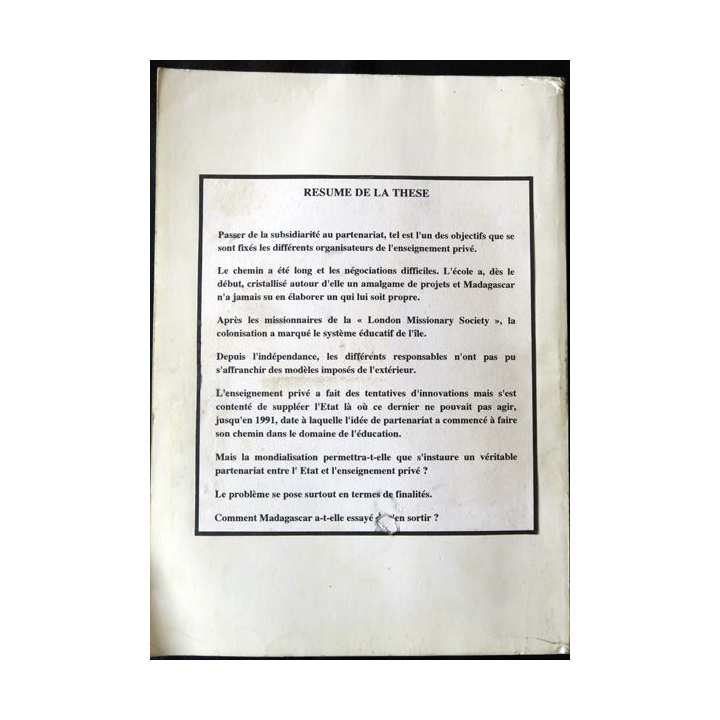Evolution des rapports entre l'état et l'enseignement privé à Madagascar des origines à nos jours Guy Avanzini