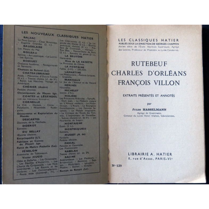 Rutebeuf, Charles d'Orléans, François Villon de Jules Hasselmann Librairie Hatier 1958 numéroté 129