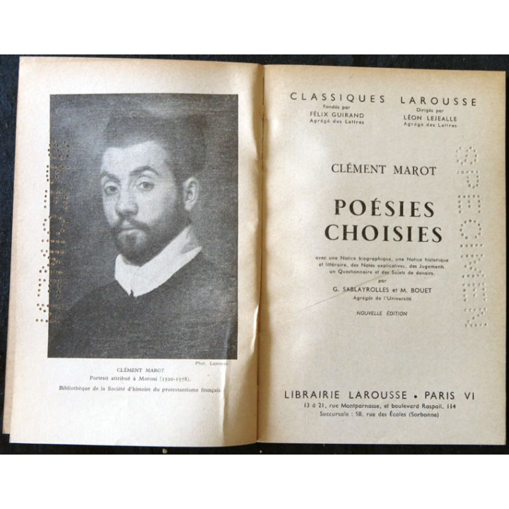 Poésies choisies de Clément Marot édité par la Librairie Larousse