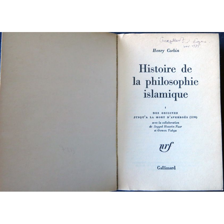 Histoire de la la philosophie islamique de Henry Corbin aux éditions Gallimard
