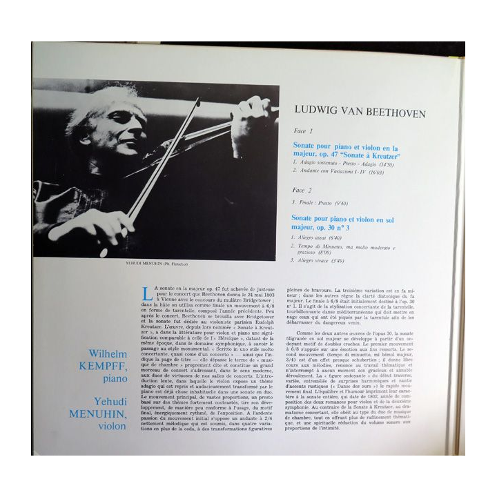 DISQUE 33 TOURS : Beethoven sonate pour violon "A Kreutzer"  Yehudi Menuhin et Wilhem Kempff