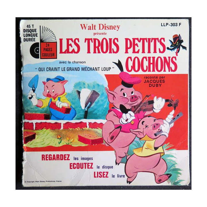 DISQUE 45 TOURS : Les Trois petits cochons de Walt Disney avec le livret 1968