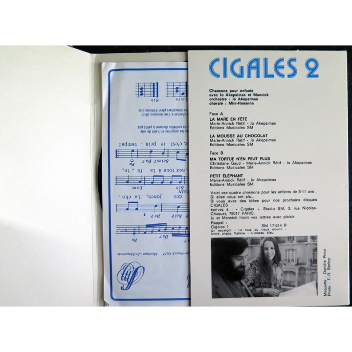 DISQUE 45 TOURS : Cigales 2 chansons pour enfants de Jo Akepsimas et Mannick