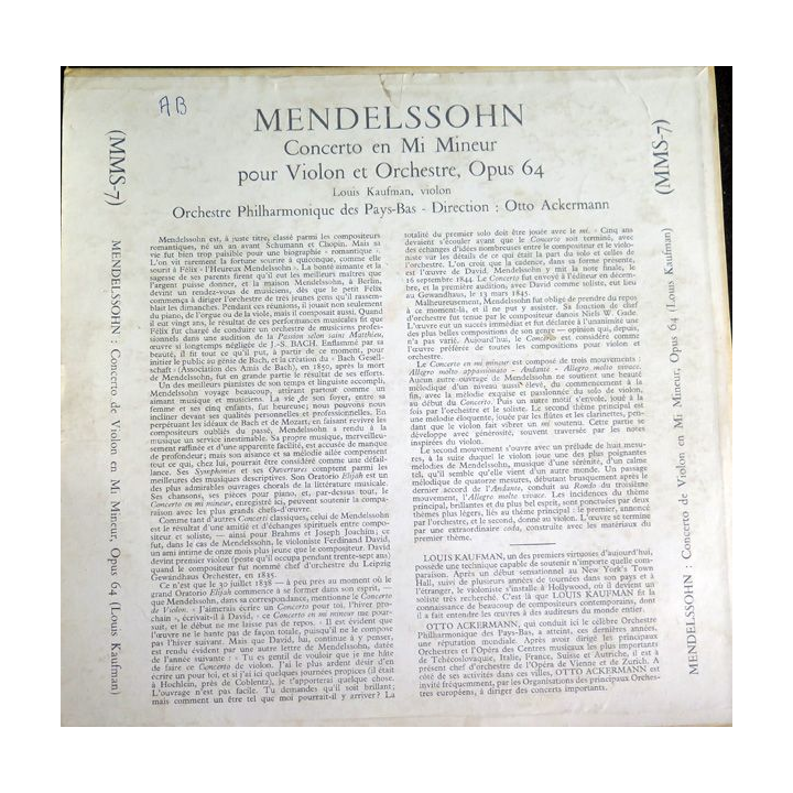Disque 33 Tours de Mendelssohn concerto en Mi mineur pour violon et Orchestre Opus 64