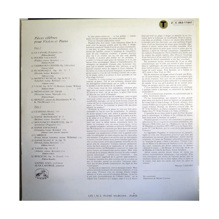 Disque 33 Tours Pièces célèbres pour violon et piano Lionel Gali et Jean Laforge