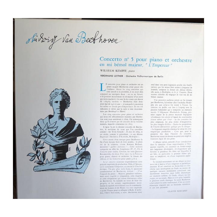 Disque 33 Tours Beethoven Concerto n° 5 pour piano et orchestre  Wilhem Kempff