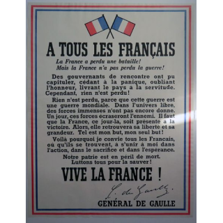 Affiche de l'Appel du 18 Juin ORIGINALE du Général De Gaulle 63 cm x 48,8 cm