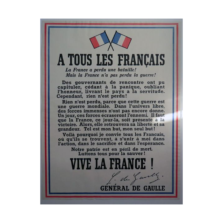 Affiche de l'Appel du 18 Juin ORIGINALE du Général De Gaulle 63 cm x 48,8 cm