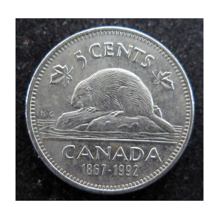 CANADA : Pièce de 5 cents 1867-1992 Elisabeth II Castor