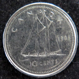 CANADA : Pièce de 10 cents 1994 Elisabeth II Voilier