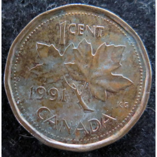 CANADA : Pièce de 1 cents 1991 Elisabeth II feuille d'érable