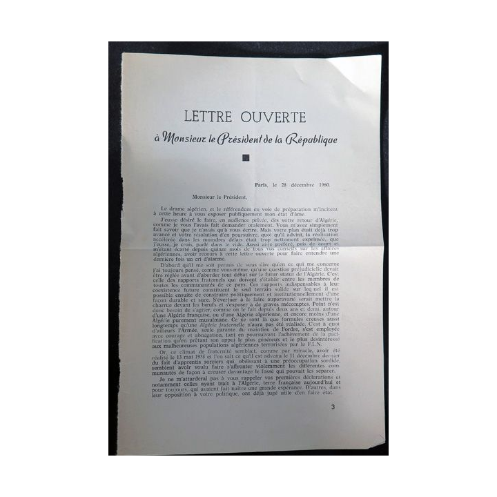 Lettre ouverte du maréchal Juin à Charles de Gaulle Président le 28/12/1960