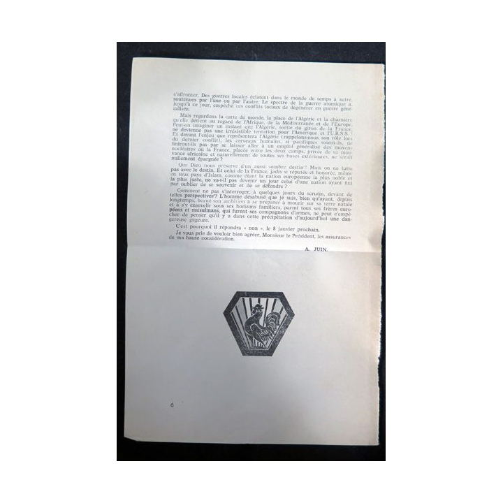 Lettre ouverte du maréchal Juin à Charles de Gaulle Président le 28/12/1960
