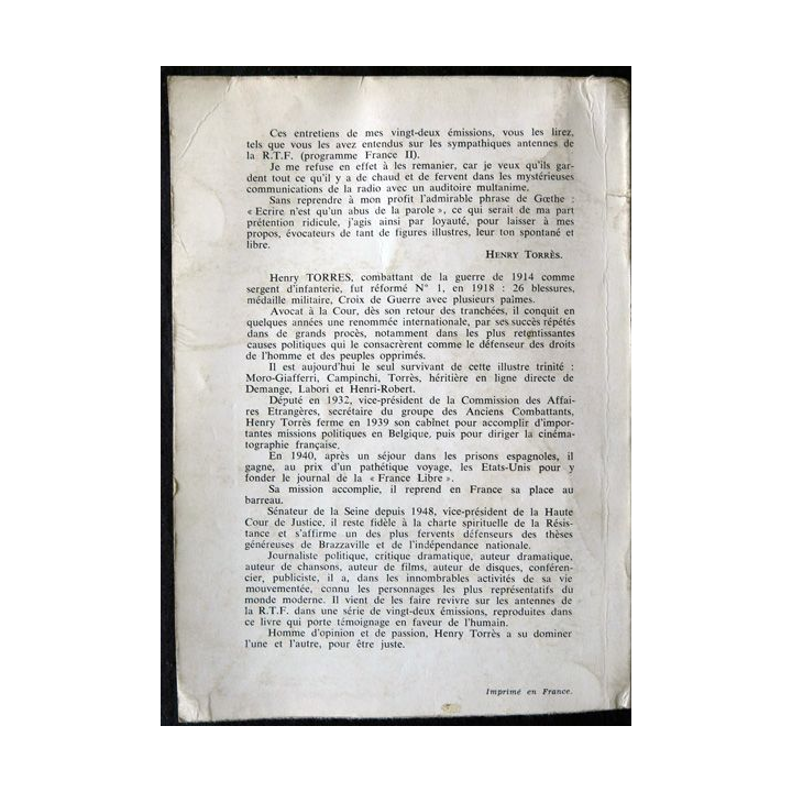 De Clémenceau à De Gaulle de Henry Torrès aux Editions Del Duca Paris Grasset 1946