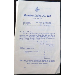 Franc-Maçonnerie : Lettre mensuelle janvier 1969 de la Moorabin Lodge N° 122 avec tableau de Loge