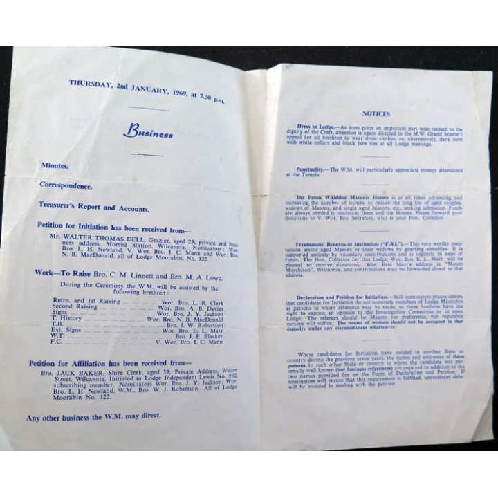 Franc-Maçonnerie : Lettre mensuelle janvier 1969 de la Moorabin Lodge N° 122 avec tableau de Loge