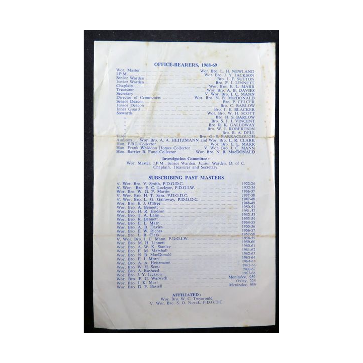Franc-Maçonnerie : Lettre mensuelle janvier 1969 de la Moorabin Lodge N° 122 avec tableau de Loge