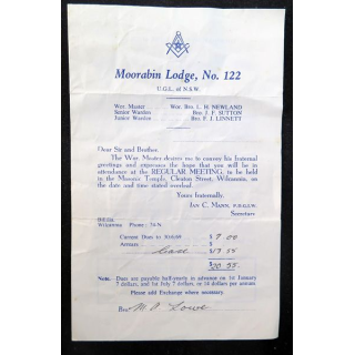 Franc-Maçonnerie : Lettre mensuelle Mars 1969 de la Moorabin Lodge N° 122 avec tableau de Loge