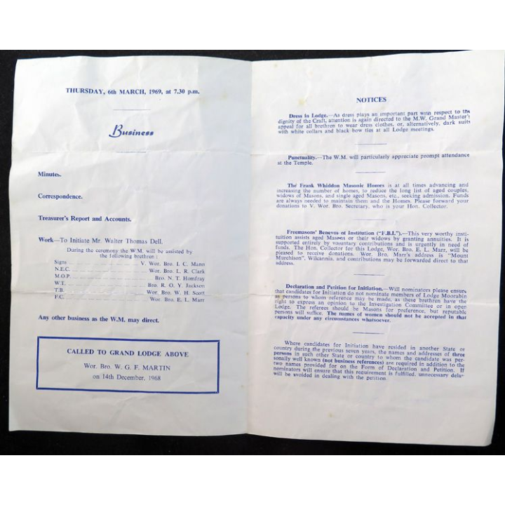 Franc-Maçonnerie : Lettre mensuelle Mars 1969 de la Moorabin Lodge N° 122 avec tableau de Loge