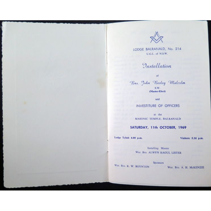 Franc-Maçonnerie : Carton d'invitation de la Lodge Balranald n° 214 UGL of NSW pour l'installation du frère Malcolm
