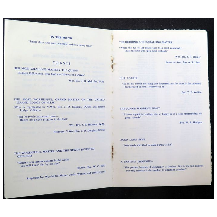 Franc-Maçonnerie : Carton d'invitation de la Lodge Balranald n° 214 UGL of NSW pour l'installation du frère Malcolm
