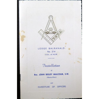 Franc-Maçonnerie : Carton d'invitation de la Lodge Balranald n° 214 UGL of NSW pour l'installation du frère Malcolm