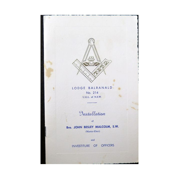 Franc-Maçonnerie : Carton d'invitation de la Lodge Balranald n° 214 UGL of NSW pour l'installation du frère Malcolm