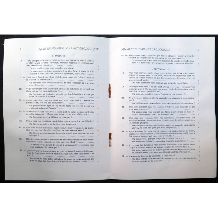 Questionnaire caractérologique pour l'analyse d'un caractère individuel de Gaston Berger