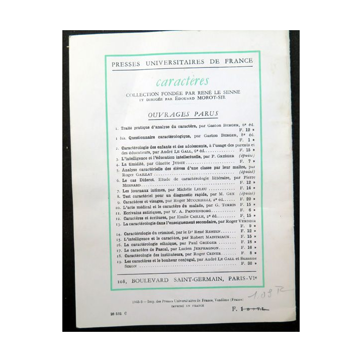 Questionnaire caractérologique pour l'analyse d'un caractère individuel de Gaston Berger