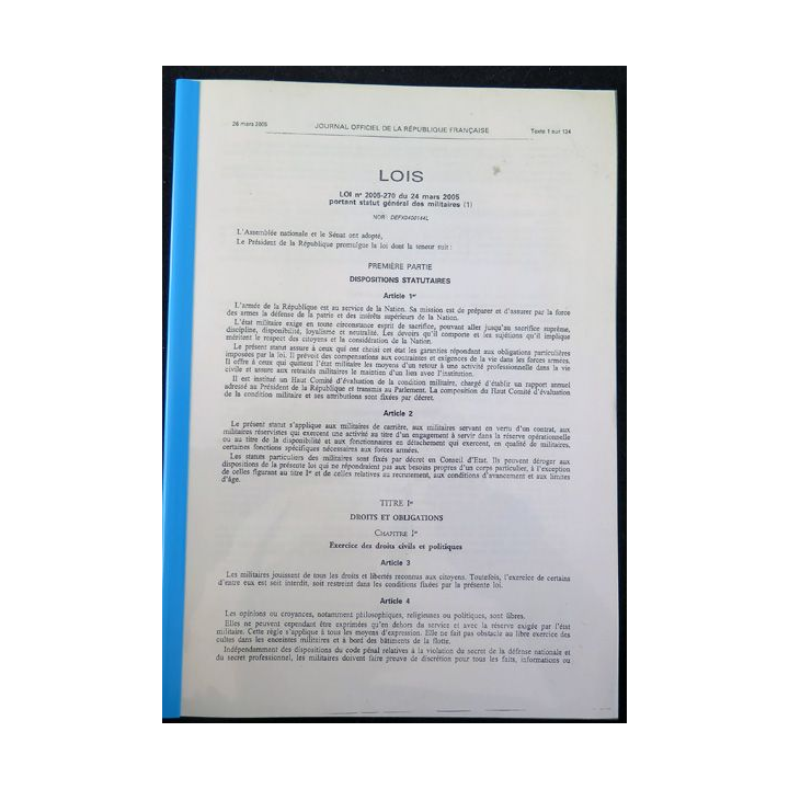 JO du 26 Mars 2005 loi n° 2005 - 270 du 24 mars 2005 portant statut général des militaires 