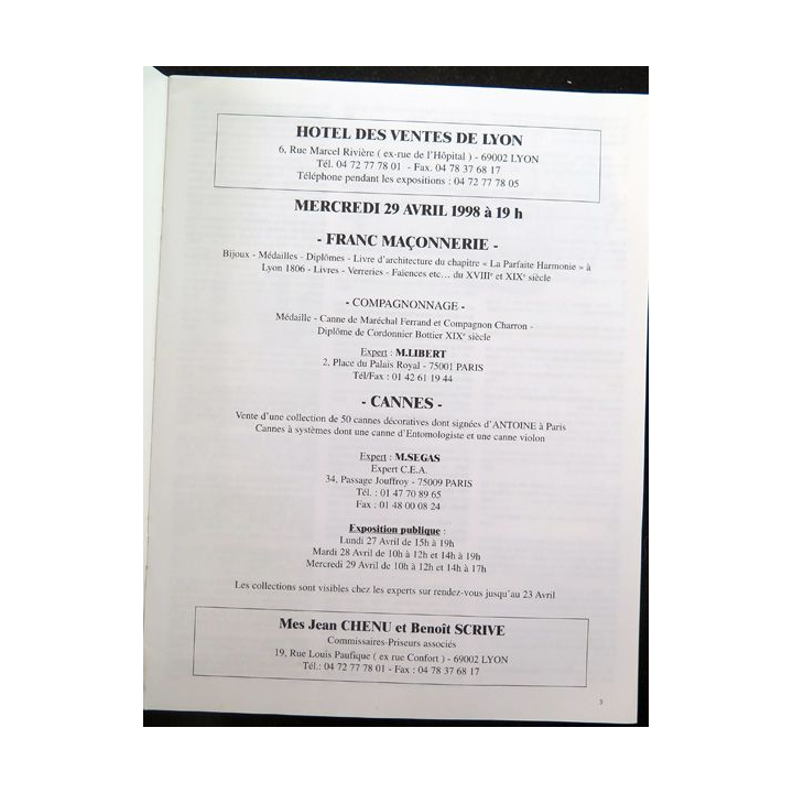 Catalogue vente aux enchères J. Chenu et B. Scrive Cannes Fran-maçonnerie Lyon 1998