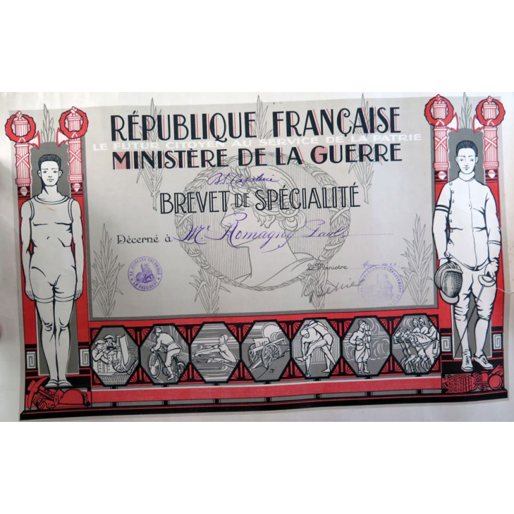 Brevet de spécialité de cavalerie du ministère de la guerre attribué en 1929