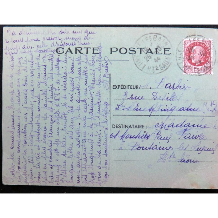 Carte postale du 25 Octobre 1944 avec timbre Pétain type Bersier 1,5 fr