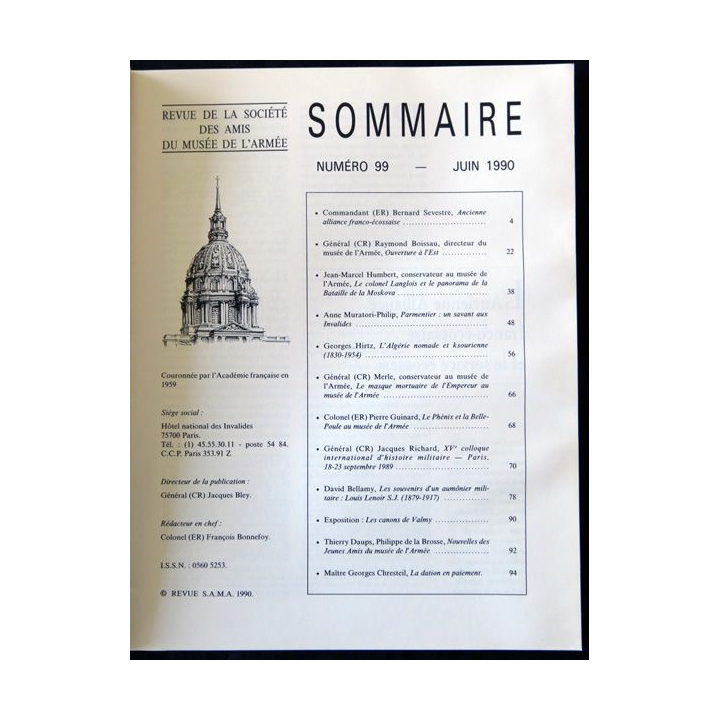 Revue de la société des amis du musée de l'armée N° 99 - juin 1990
