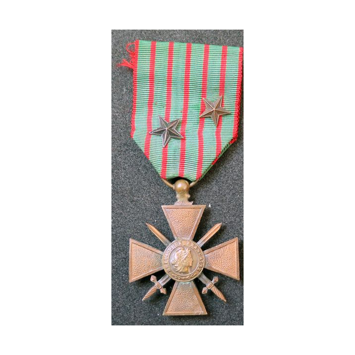 FRANCE : croix de guerre 1914-1918 en bronze avec 2 citations (étoiles en bronze)