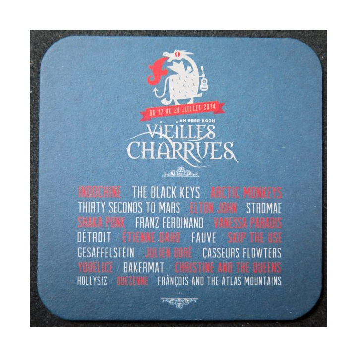 DESSOUS DE VERRE A BIÈRE Kronenbourg Vieilles Charrues 2014 de largeur 9,3 cm
