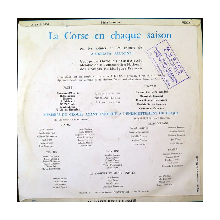 Disque 33 Tours La Corse en chaque saison par A Sirinata Ajaccina