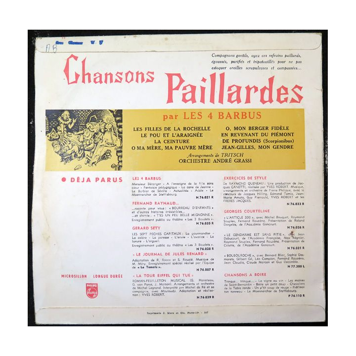 Disque 33 Tours Chansons paillardes par les 4 barbus