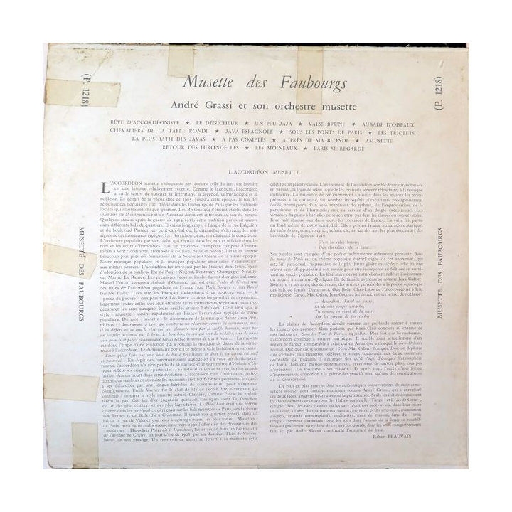 Disque 33 Tours Musette des Faubourgs de André Grassi et son orchestre