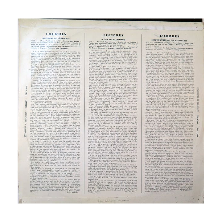 Disque 33 Tours Une journée de pélerinage à Lourdes Souvenir du centenaire des apparitions