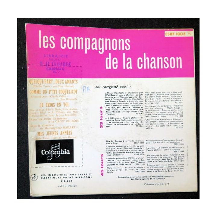 Disque 45 Tours Les compagnons de la chanson 1