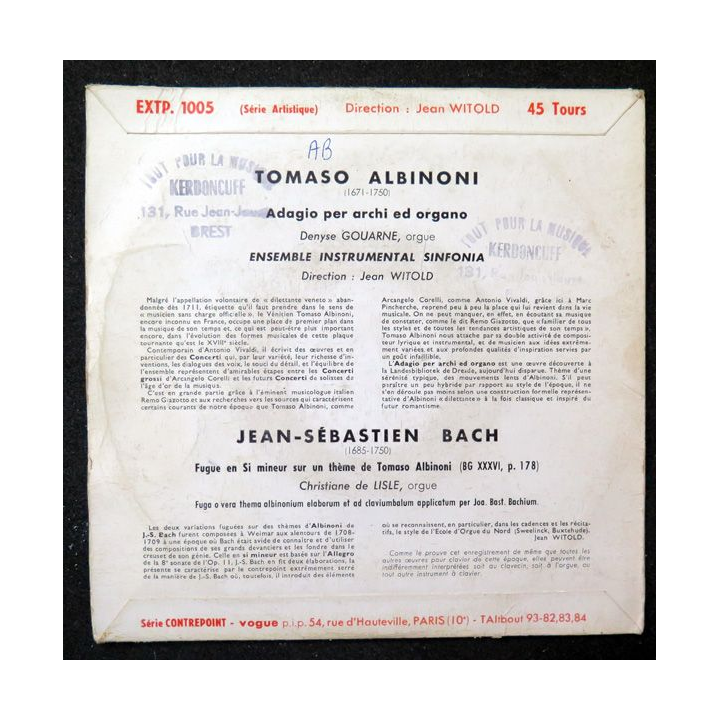 Disque 45 Tours Tomaso  Albinoni et Johann Sebastian Bach